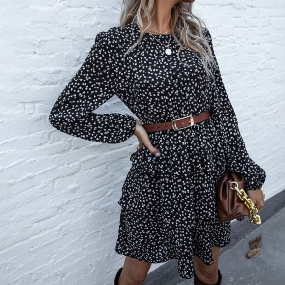 BellanBlue Dresses & Skirts - boho black floral print tiered ruffle mini dress Cottage Core